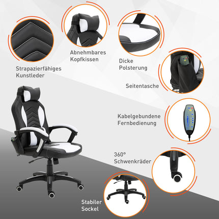 Massagestoel Gamingstoel Bureaustoel Met Warmtefunctie, 6 Trilpunten, Massagefunctie, Pu, Zwart + Wit, 68X69X108-117Cm