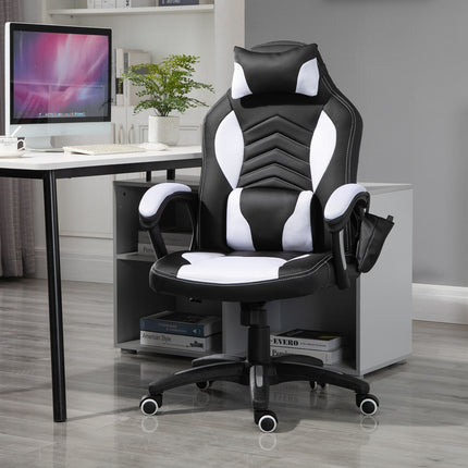 Massagestoel Gamingstoel Bureaustoel Met Warmtefunctie, 6 Trilpunten, Massagefunctie, Pu, Zwart + Wit, 68X69X108-117Cm