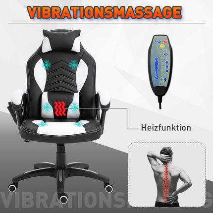 Massagestoel Gamingstoel Bureaustoel Met Warmtefunctie, 6 Trilpunten, Massagefunctie, Pu, Zwart + Wit, 68X69X108-117Cm