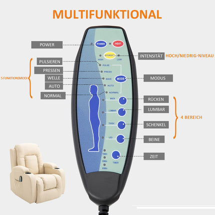Fauteuil de massage, fauteuil TV, fauteuil de relaxation chauffant, fauteuil TV inclinable avec télécommande, porte-gobelet, 85 x 94 x 104 cm