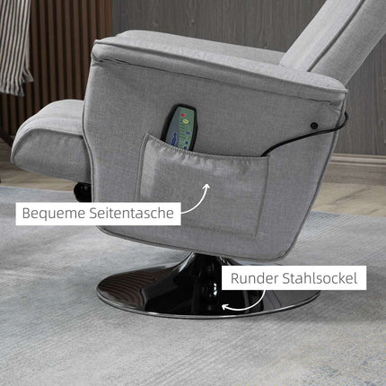 Reclining massage chair with footstool, light gray linen