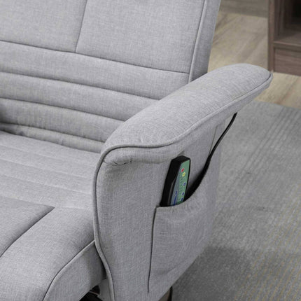 Reclining massage chair with footstool, light gray linen