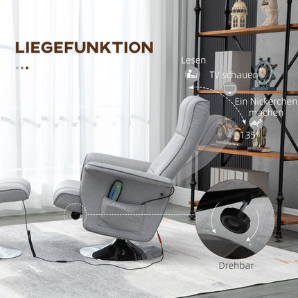 Reclining massage chair with footstool, light gray linen