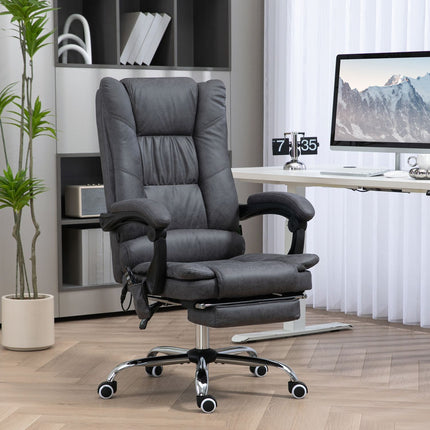 Fauteuil de bureau massant, chauffant, inclinable, hauteur réglable de 111 à 119 cm, repose-pieds, microfibre, gris foncé