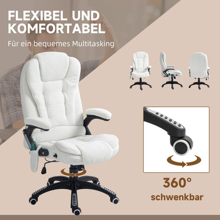 Massage Office Chair, Reclining, Heated, Teddy Velvet, White