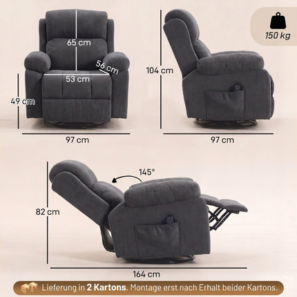 Massage Recliner Chair with Heat, 360° Swivel and Rocking, Dark Grey, Chenille
