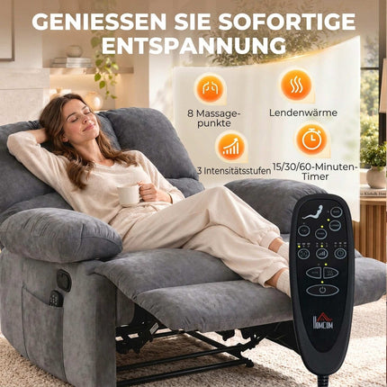 Massage Recliner Chair with Heat and Footrest, 8-Point Vibration, 155°, Grey