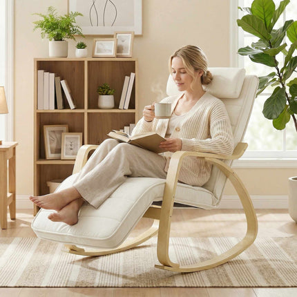 Massage Rocking Chair with Heat, Footrest, Velvet, Cream