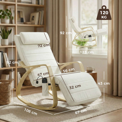 Massage Rocking Chair with Heat, Footrest, Velvet, Cream