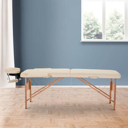 Table de massage pliante, banc de massage réglable en hauteur, lit de massage avec appui-tête, pour spa, salon, similicuir, bois, couleur crème