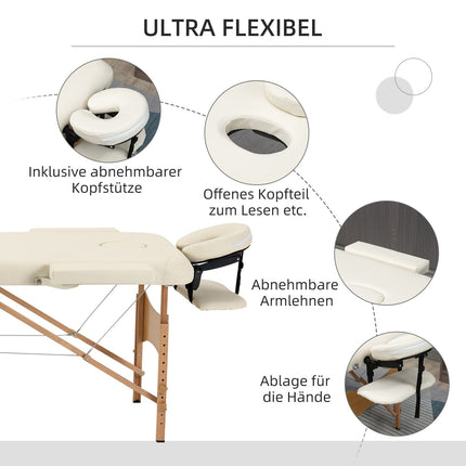 Table de massage pliante, banc de massage réglable en hauteur, lit de massage avec appui-tête, pour spa, salon, similicuir, bois, couleur crème