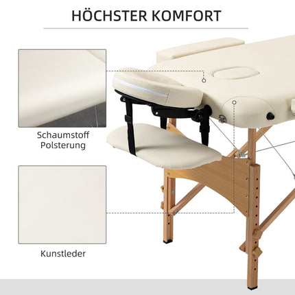 Table de massage pliante, banc de massage réglable en hauteur, lit de massage avec appui-tête, pour spa, salon, similicuir, bois, couleur crème