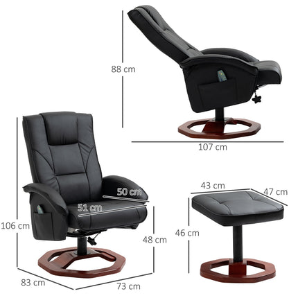 Reclining massage chair in synthetic leather with footstool, 360° rotatable