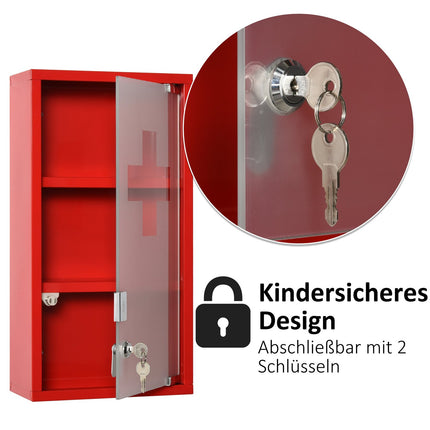 Roter Erste-Hilfe-Schrank aus Metall mit Schloss, 3 Fächer