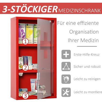 Roter Erste-Hilfe-Schrank aus Metall mit Schloss, 3 Fächer