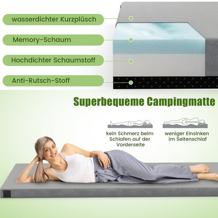 Matelas de camping en mousse à mémoire de forme avec revêtement imperméable 188 x 78 x 6,5 cm gris