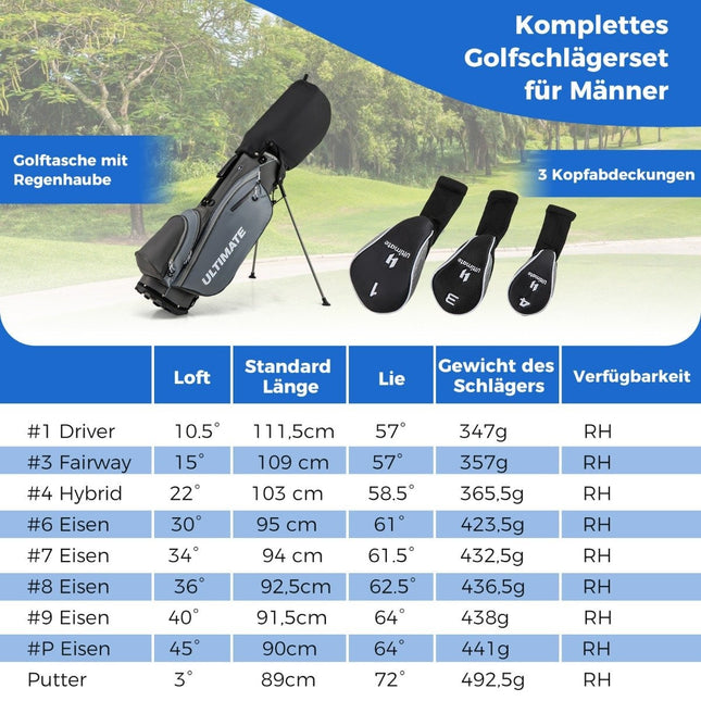 Complete golfclubset voor heren, 10-delig, rechtshandig