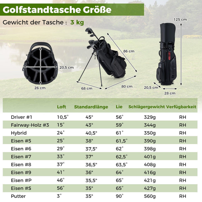 Golfclubset voor rechtshandige heren met standtas