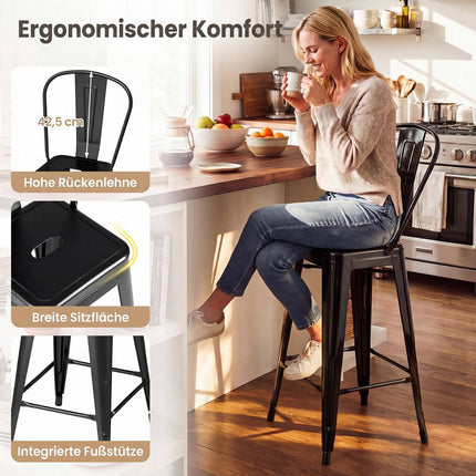 Metal Bar Stools Set of 4, Black, Stackable with Backrests