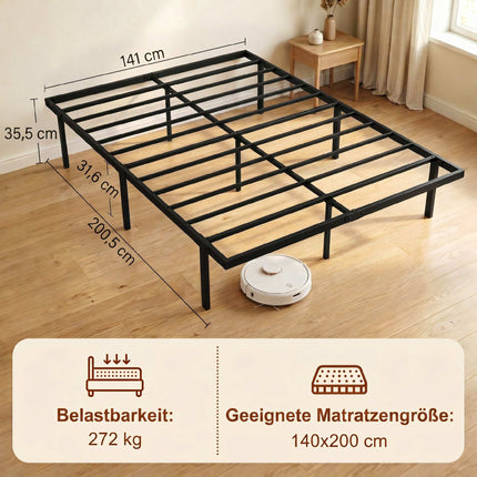 Metal Bed Frame 140x200 cm, Underbed Storage, Slats