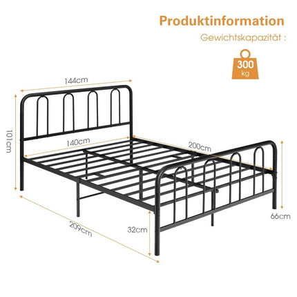 Metallbettrahmen mit Kopf- und Fußteil, modernes Plattformbett, 209 x 144 x 101 cm, Schwarz
