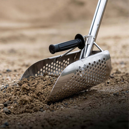 Metallsuchschaufel mit Sieb – Langer Stiel, Edelstahl