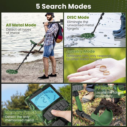 Metal Detector, 5 Modes, Adjustable Shaft, Waterproof Coil