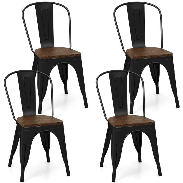Metall-Esszimmerstühle 4er-Set, stapelbar, Ulmenholz-Sitz, Schwarz