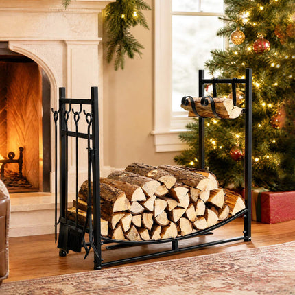Metal Firewood Rack with Tool Set, Black, 85 x 33 x 77 cm