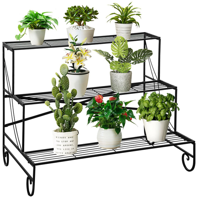 Schwarzer 3-stöckiger Blumenständer aus Metall für Garten und Balkon