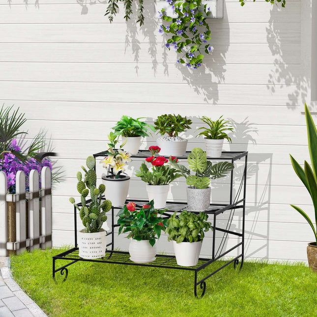 Schwarzer 3-stöckiger Blumenständer aus Metall für Garten und Balkon
