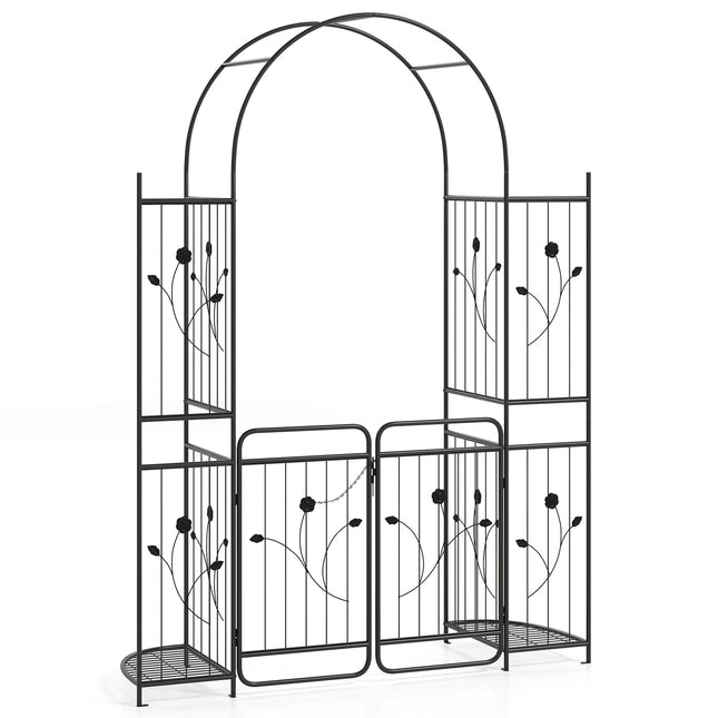Metal Garden Arch with Gate & Plant Shelves – Black