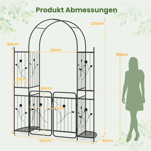 Metal Garden Arch with Gate & Plant Shelves – Black