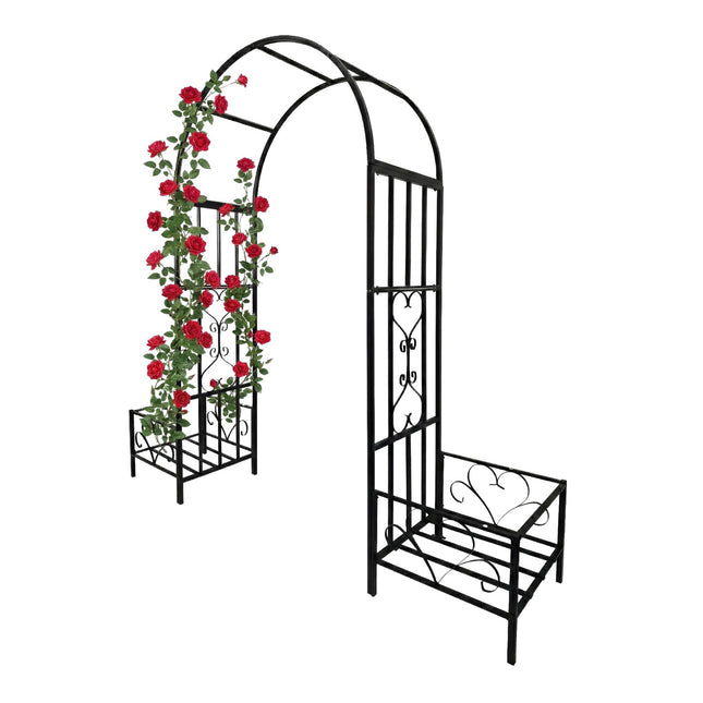 Metall-Gartenbogen mit Pflanzkästen und Herzmotiven