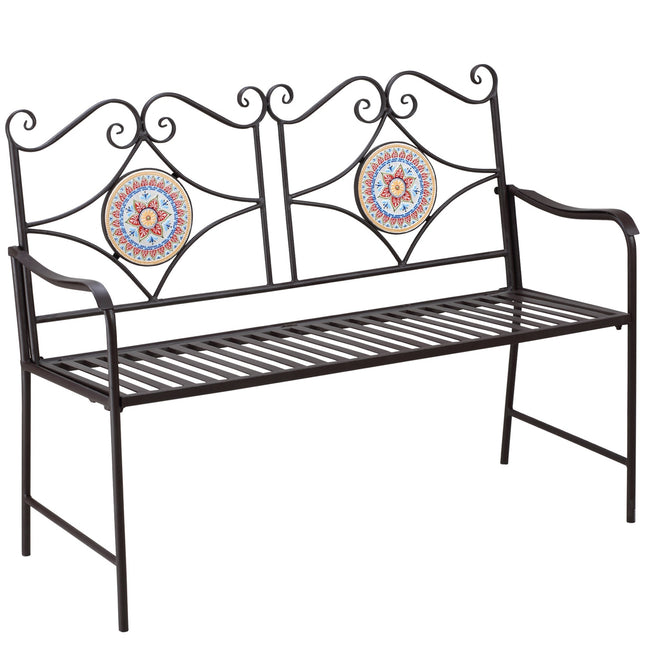 Metall-Gartenbank, 2-Sitzer mit Mosaik-Rückenlehne, braun