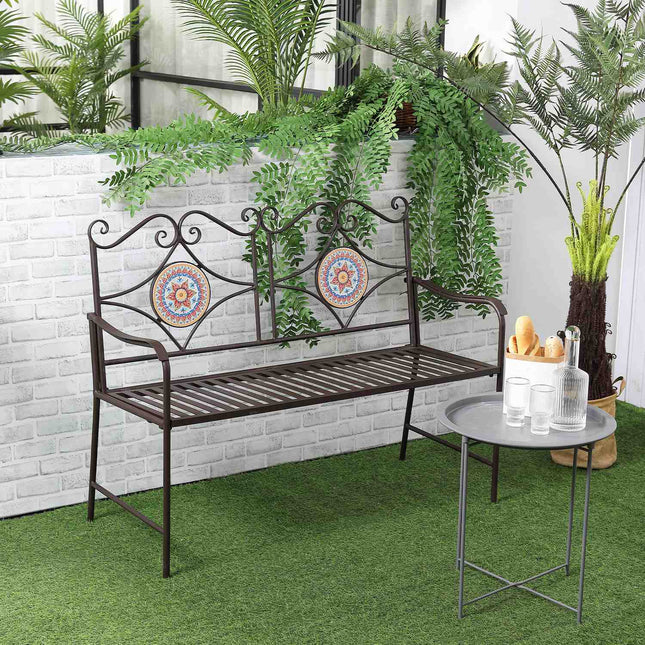 Metall-Gartenbank, 2-Sitzer mit Mosaik-Rückenlehne, braun