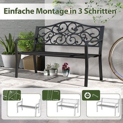 Metal Garden Bench for 2–3 with Floral Backrest