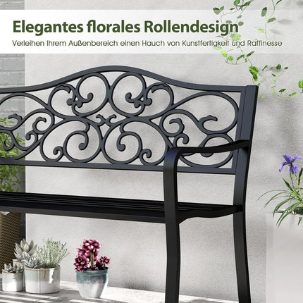 Metal Garden Bench for 2–3 with Floral Backrest