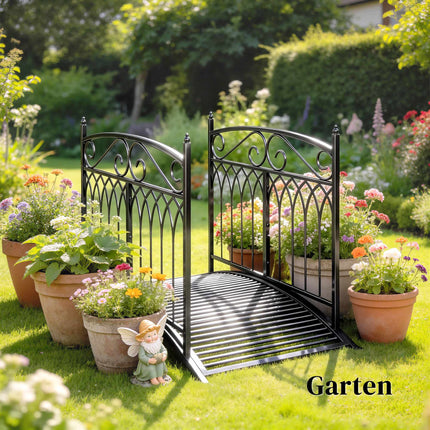 Metall-Gartenbrücke mit Sicherheitsgeländern, 135,5 cm, Schwarz