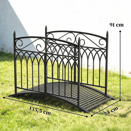 Metall-Gartenbrücke mit Sicherheitsgeländern, 135,5 cm, Schwarz