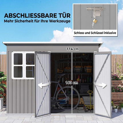 Metal Garden Shed 260 x 177 x 190 cm with Window, Wide Lockable Door, Light Grey