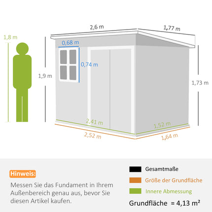 Metal Garden Shed 260 x 177 x 190 cm with Window, Wide Lockable Door, Light Grey