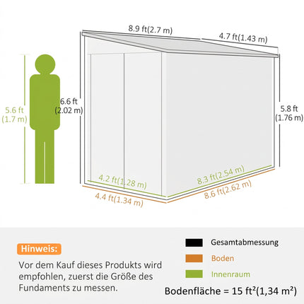 Metal Garden Shed 3.5 m² with Lockable Double Door, Lean-To Roof, 143x270x202 cm