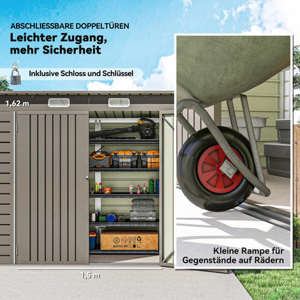 Metal Garden Shed with Double Doors, 249 x 121 x 183 cm, Light Grey