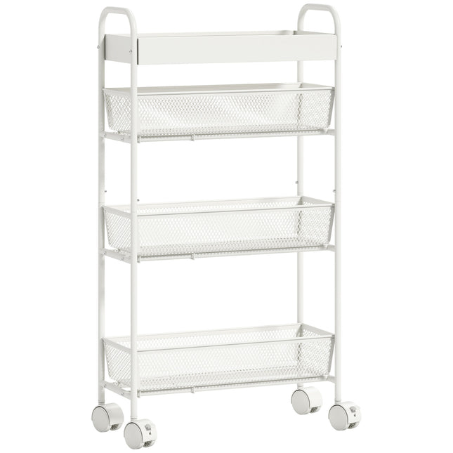 Metallküchenwagen, 3 Körbe, schmales Design, 4 Rollen, Weiß