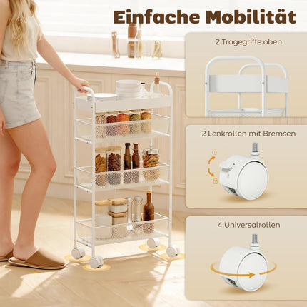 Kovový kuchyňský vozík, 3 koše, úzký design, 4 kolečka, bílá