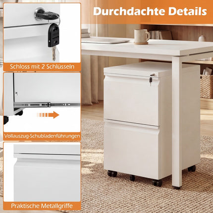 Metal Lockable Mobile File Cabinet with 2 Drawers, White