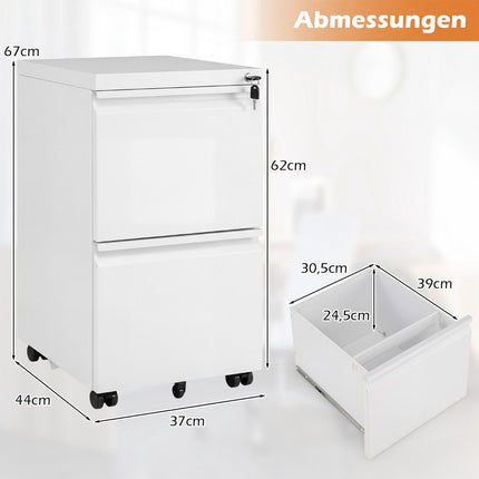 Metal Lockable Mobile File Cabinet with 2 Drawers, White