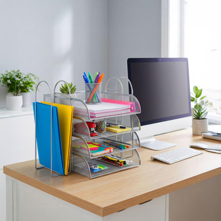 Metal Mesh Document Tray, 4 A4 Compartments, Stackable