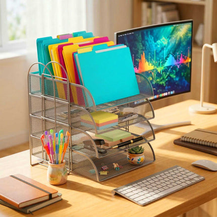 Metal Mesh Document Tray, 4 A4 Compartments, Stackable